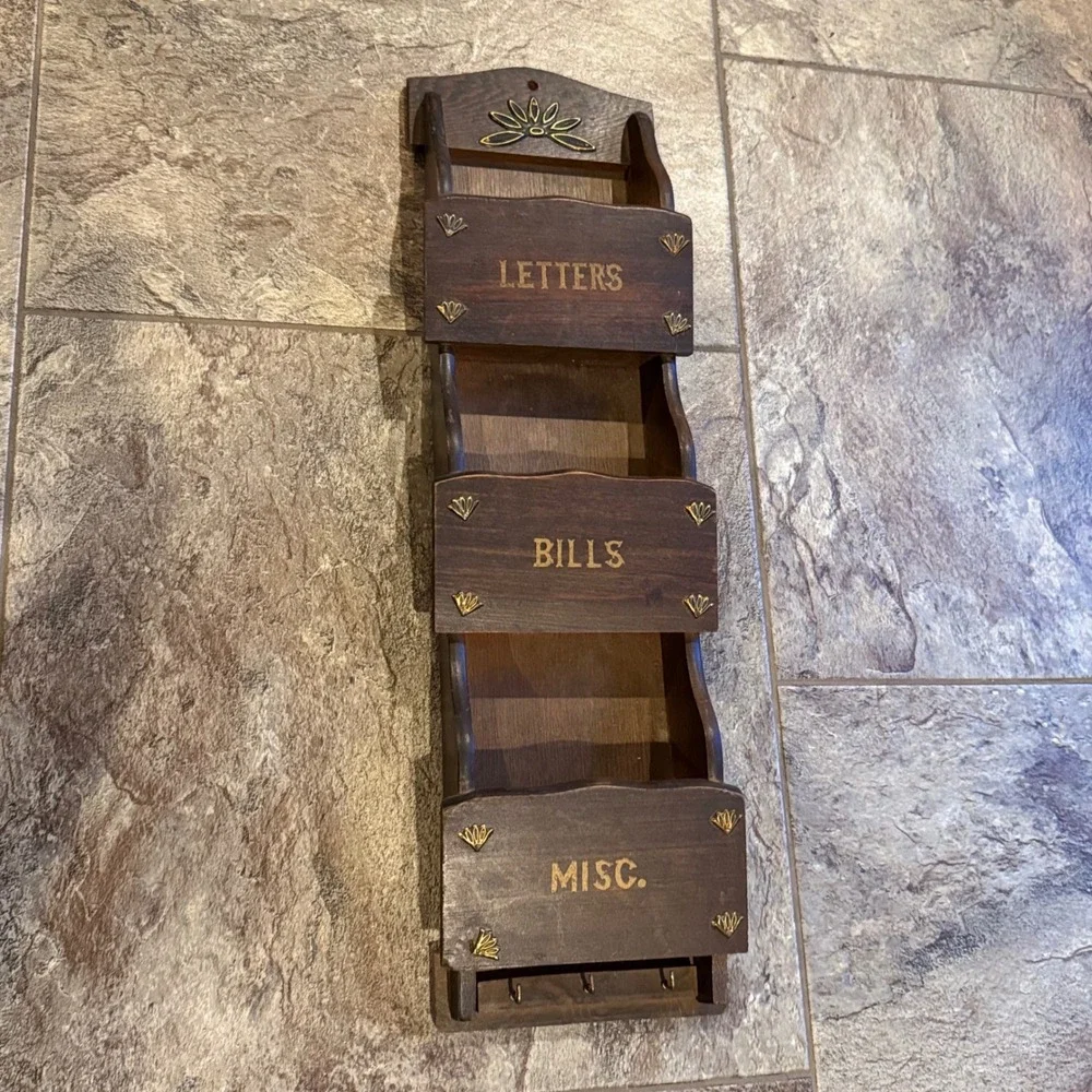 Vintage Wooden Wall Mount Mail Organizer Letter Bills Misc Key Holder Brown Wood